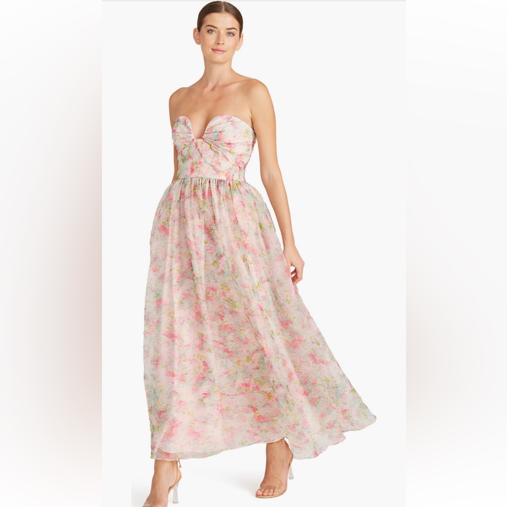 Monique Lhuillier Strapless Floral Gown in Pink and Green